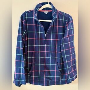 Talbots 1X Navy Half-Zip Pullover w/ Raspberry & Green Plaid, Front Pocket, EUC